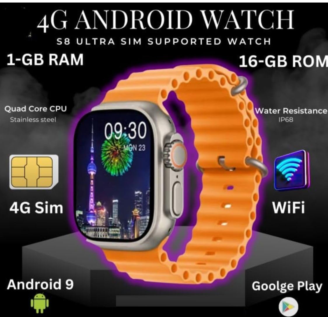 SQUL Premium S8 Ultra Smart Watch with 4G SIM Card, App Store Working, Google Maps, Facebook, YouTube, Android,Bluetooth Calling, Extra Band - Squl Tech 